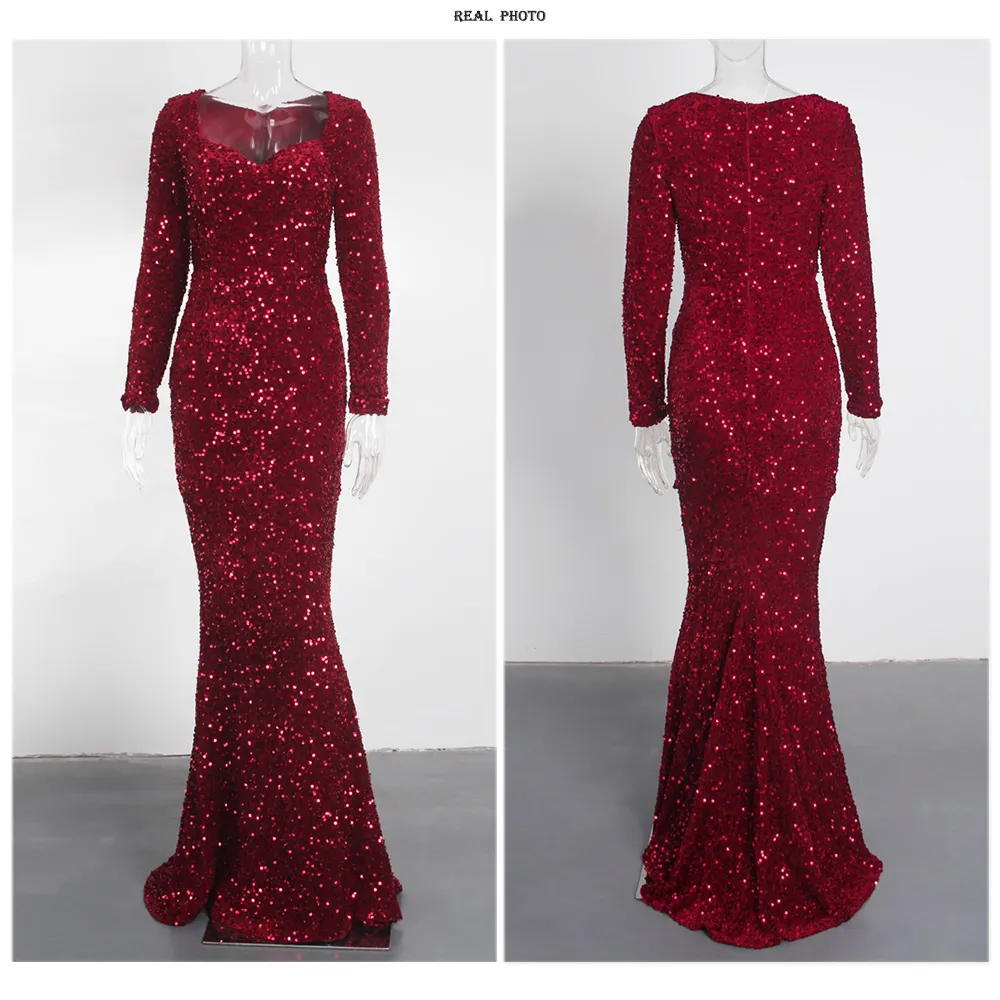 Luxury Long Sleeve Evening Gown Sequin Stretchy Velvet V Neck Mermaid Prom Floor Length Formal Cocktail Dress