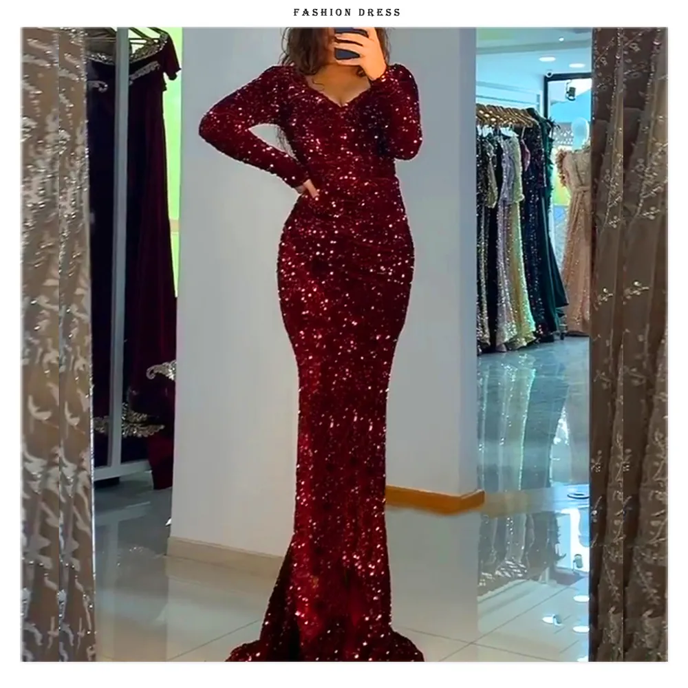 Luxury Long Sleeve Evening Gown Sequin Stretchy Velvet V Neck Mermaid Prom Floor Length Formal Cocktail Dress