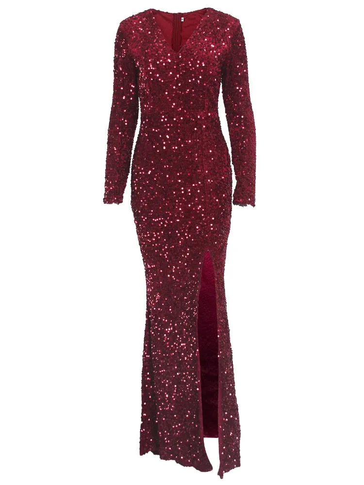 Luxury Long Sleeve Evening Gown Sequin Stretchy Velvet V Neck Mermaid Prom Floor Length Formal Cocktail Dress