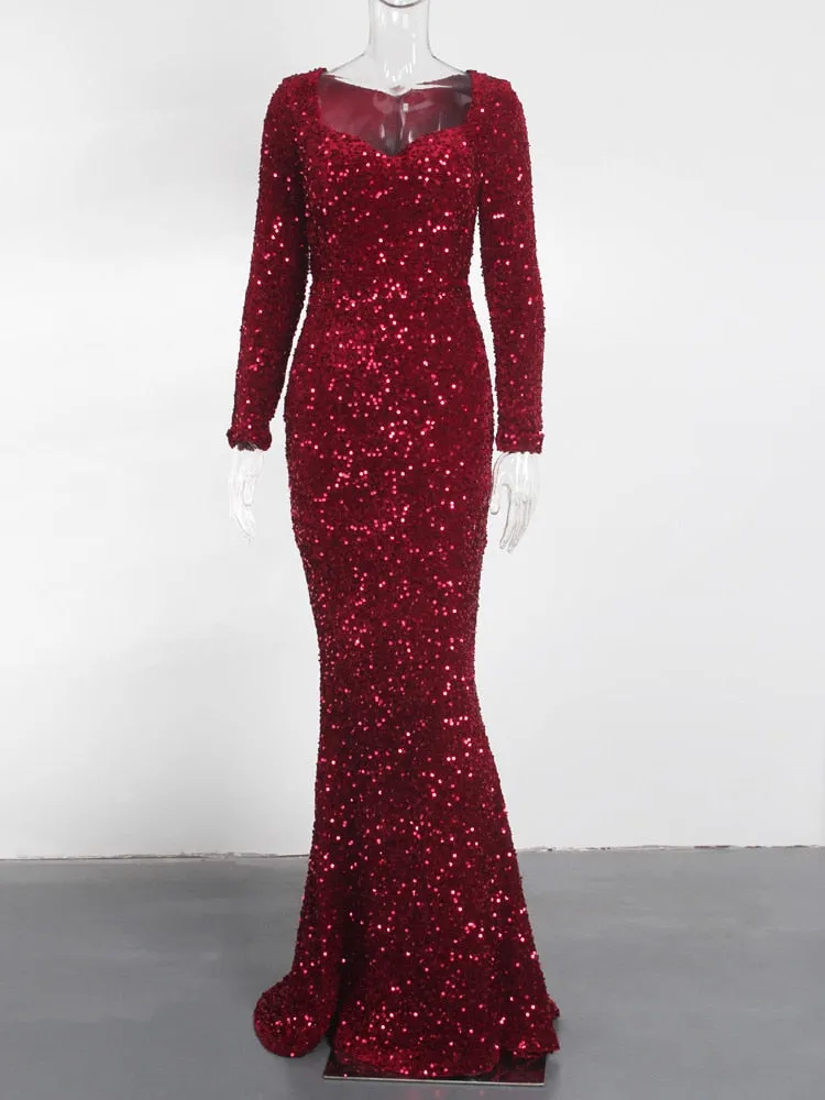 Luxury Long Sleeve Evening Gown Sequin Stretchy Velvet V Neck Mermaid Prom Floor Length Formal Cocktail Dress