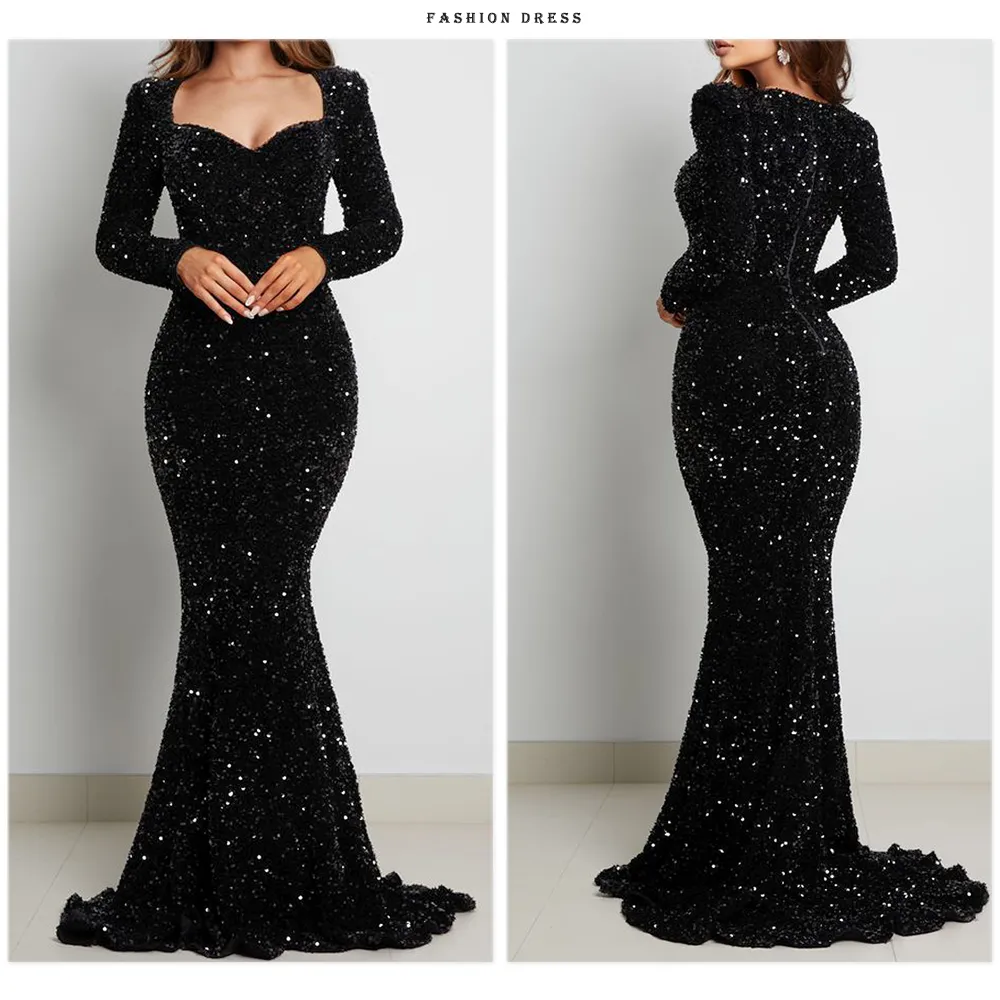 Luxury Long Sleeve Evening Gown Sequin Stretchy Velvet V Neck Mermaid Prom Floor Length Formal Cocktail Dress