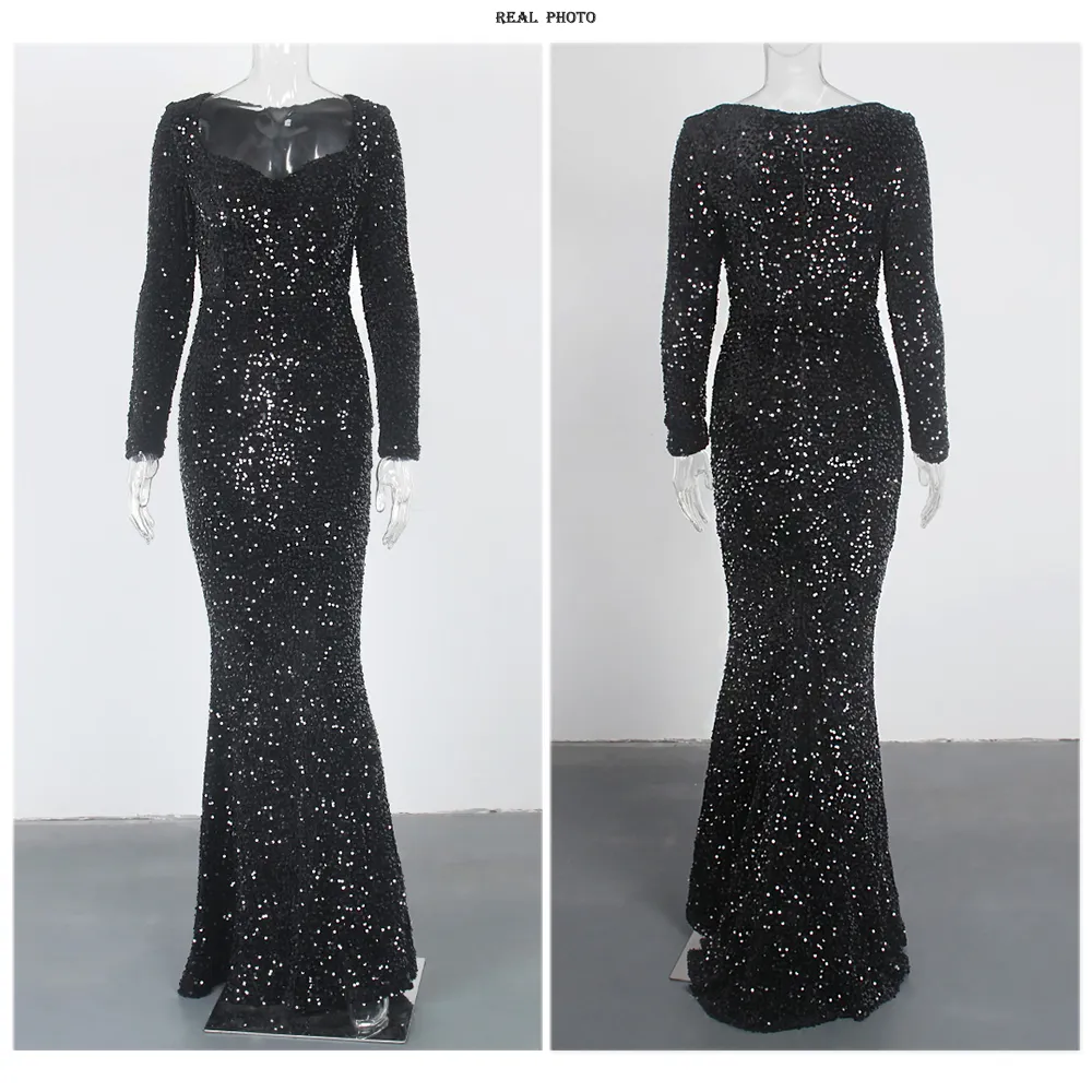 Luxury Long Sleeve Evening Gown Sequin Stretchy Velvet V Neck Mermaid Prom Floor Length Formal Cocktail Dress