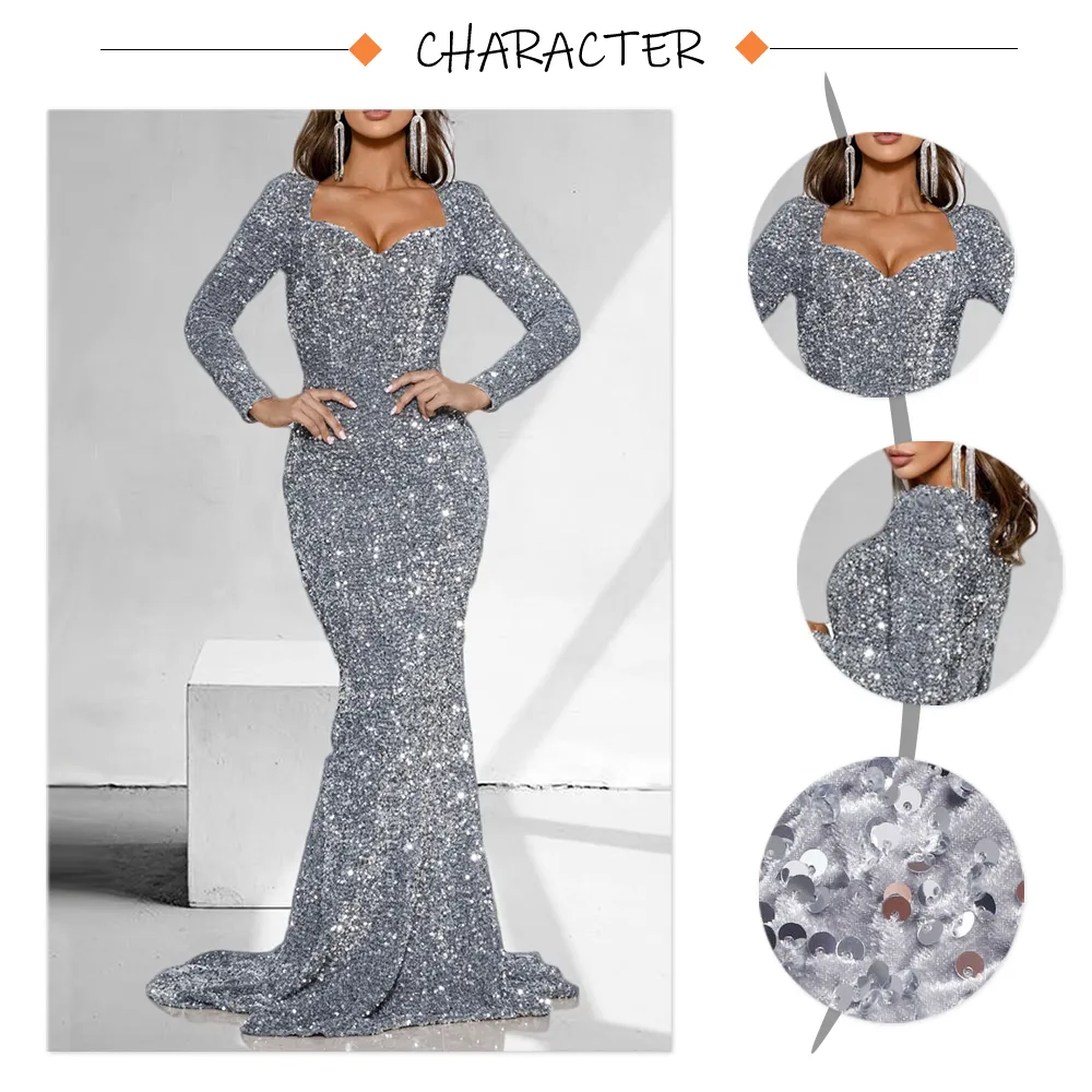 Luxury Long Sleeve Evening Gown Sequin Stretchy Velvet V Neck Mermaid Prom Floor Length Formal Cocktail Dress