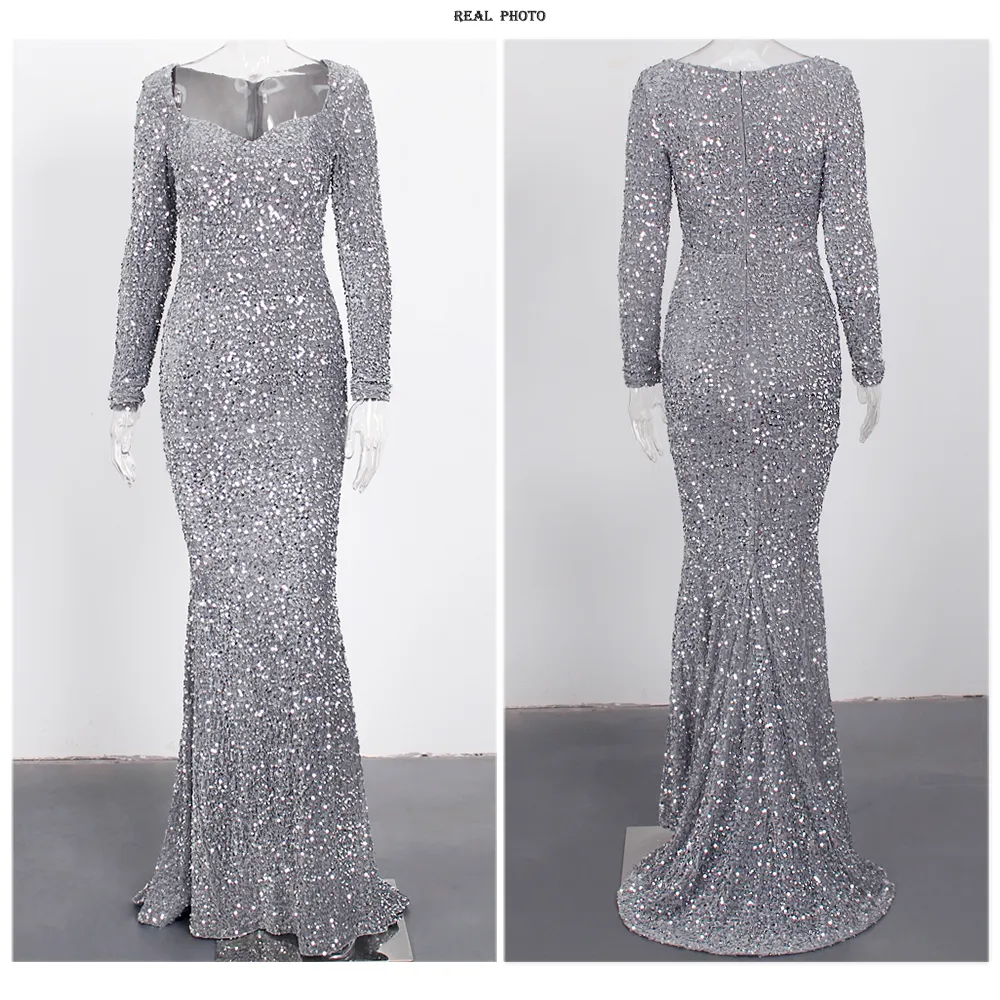 Luxury Long Sleeve Evening Gown Sequin Stretchy Velvet V Neck Mermaid Prom Floor Length Formal Cocktail Dress