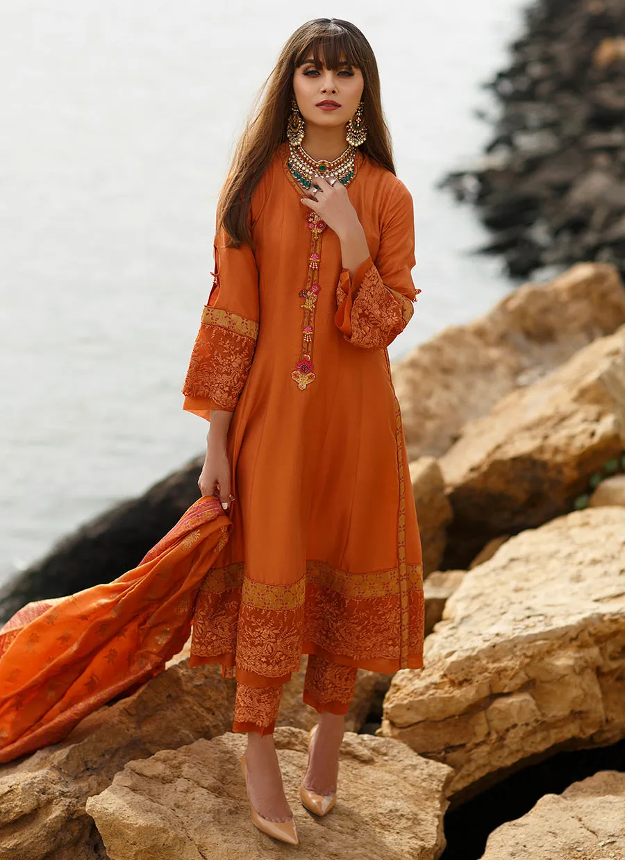 Madras Orange Panelled shirt with dupatta