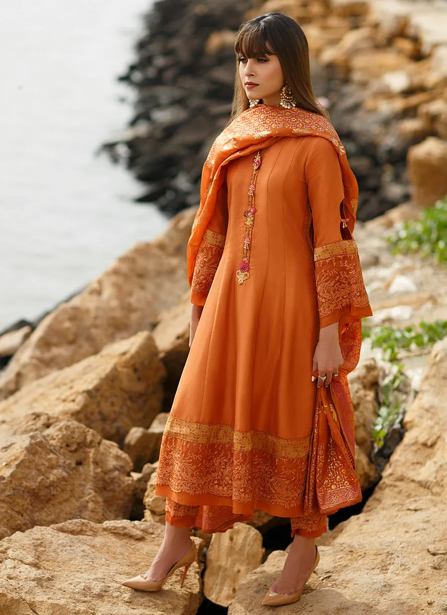 Madras Orange Panelled shirt with dupatta