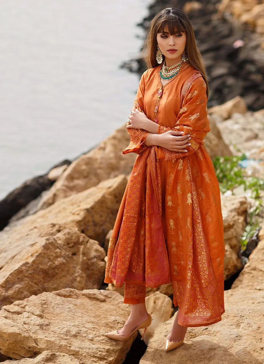 Madras Orange Panelled shirt with dupatta