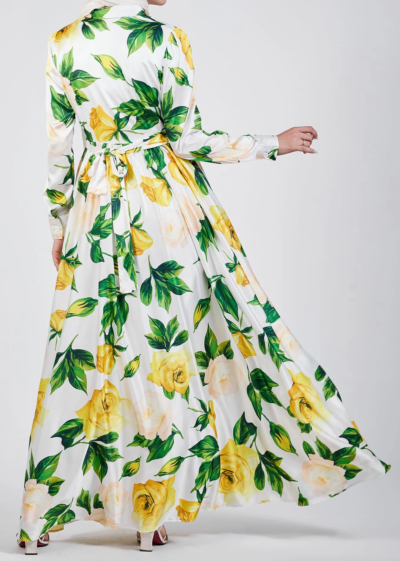 Manal Elegance Satin Maxi Dress with Yellow Rose Floral Print