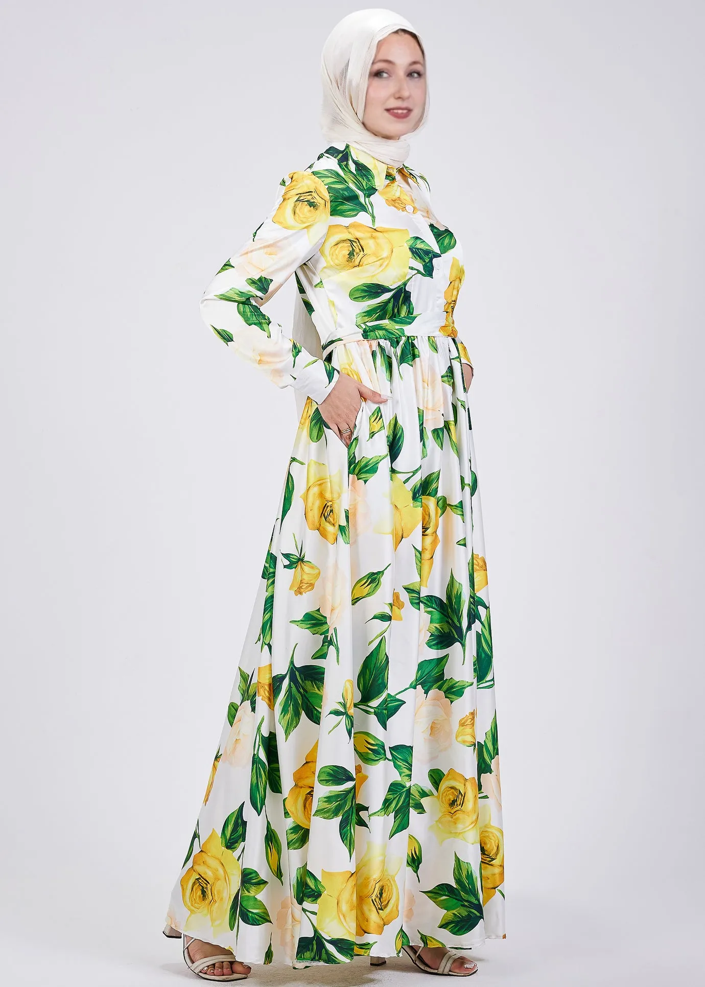 Manal Elegance Satin Maxi Dress with Yellow Rose Floral Print