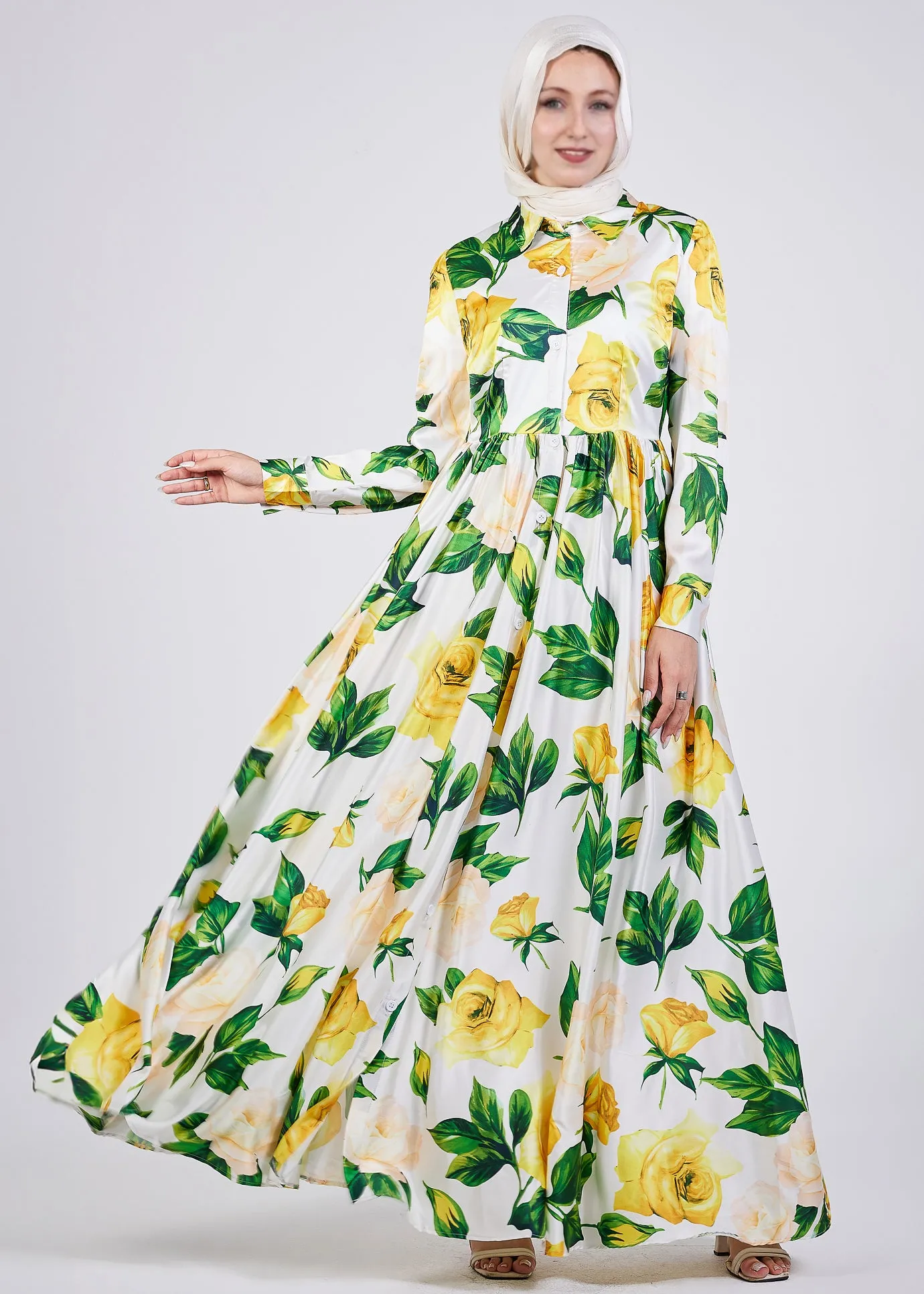 Manal Elegance Satin Maxi Dress with Yellow Rose Floral Print