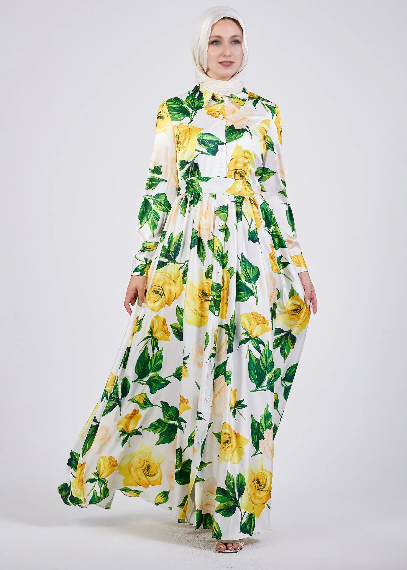 Manal Elegance Satin Maxi Dress with Yellow Rose Floral Print