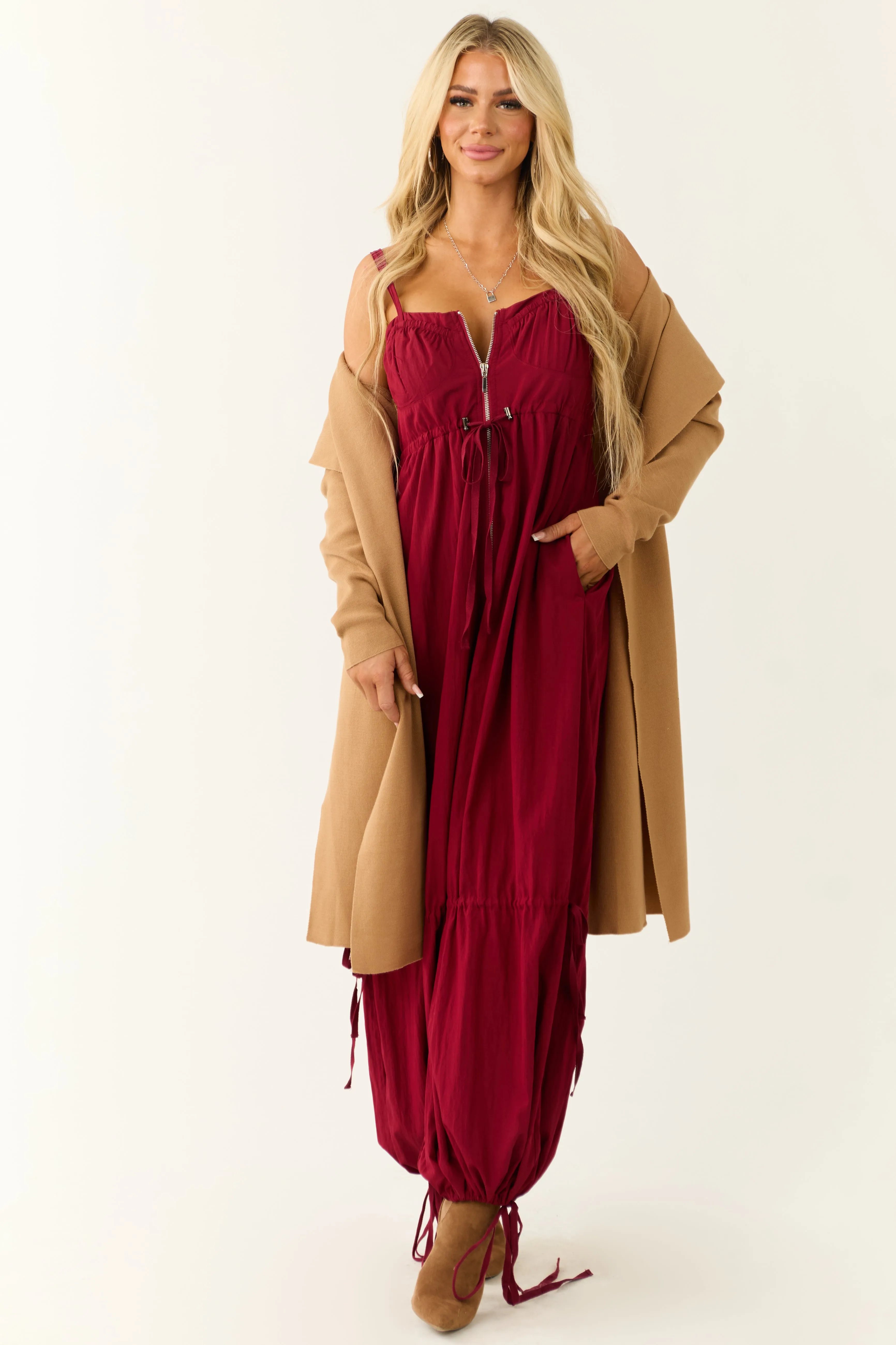 Maroon Sleeveless Zip Up Drawstring Jumpsuit