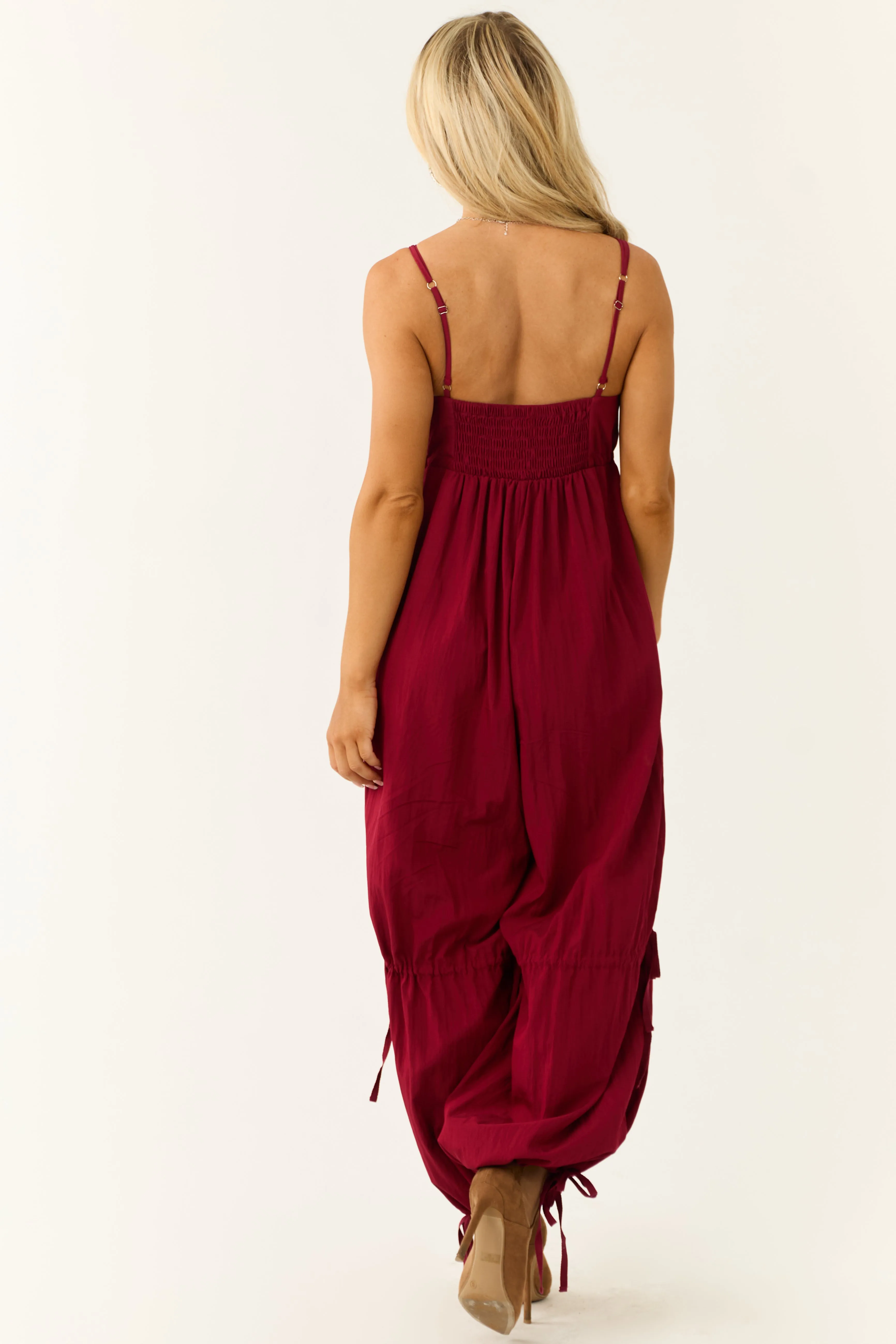 Maroon Sleeveless Zip Up Drawstring Jumpsuit