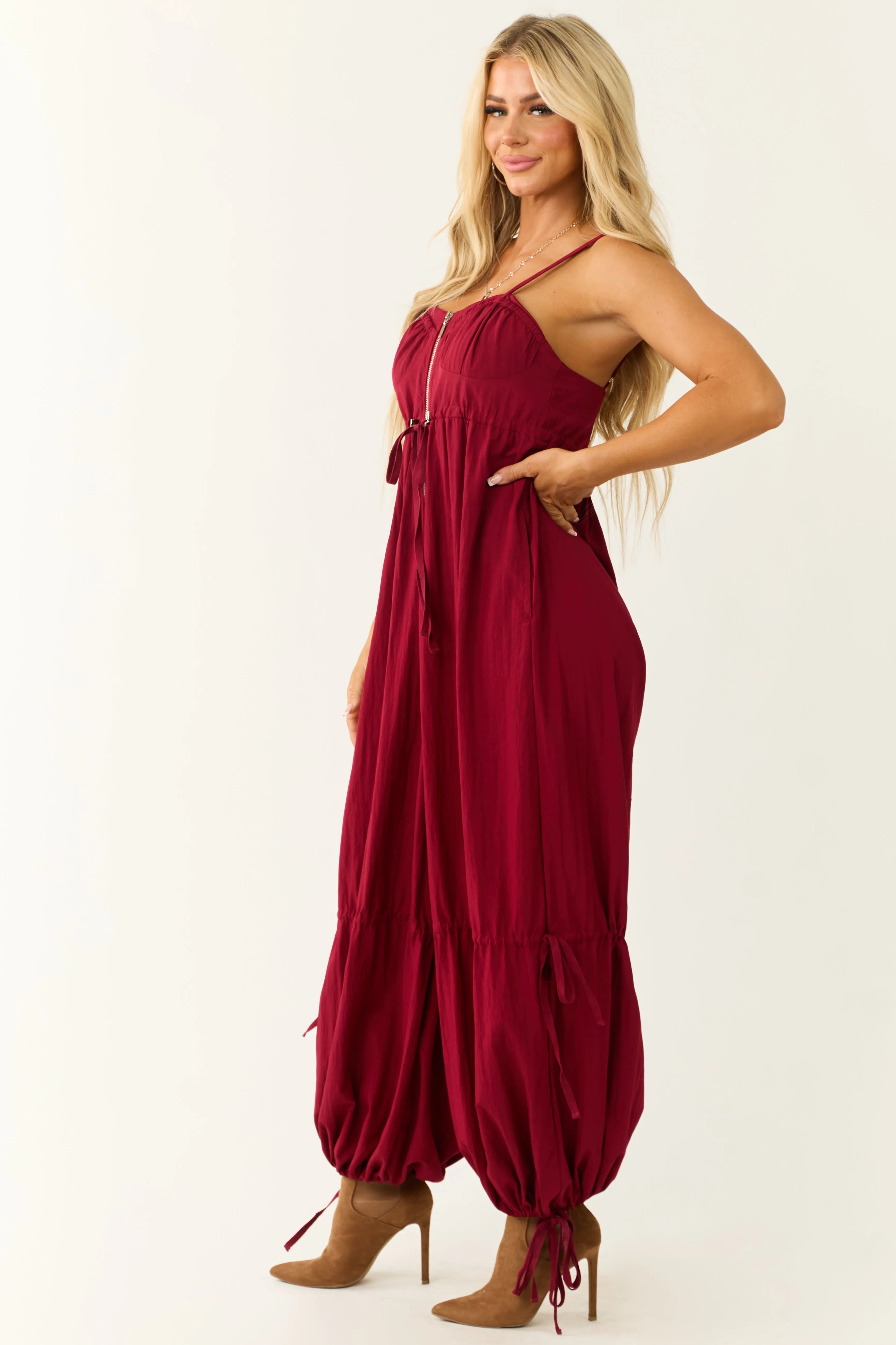 Maroon Sleeveless Zip Up Drawstring Jumpsuit