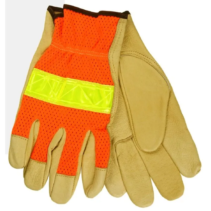 MCR Safety Luminator 34111M Premium Grade Grain Pigskin, Hi-Visibility Leather Drivers Work Gloves, Hi-Vis Orange, 1 Dozen