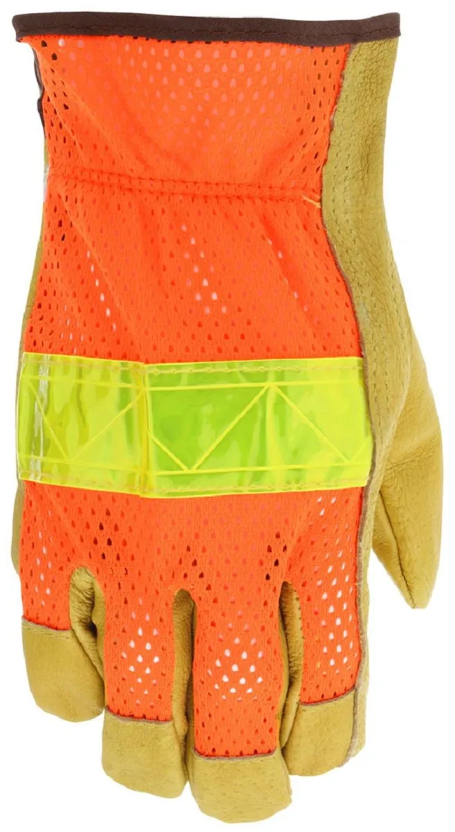 MCR Safety Luminator 34111M Premium Grade Grain Pigskin, Hi-Visibility Leather Drivers Work Gloves, Hi-Vis Orange, 1 Dozen