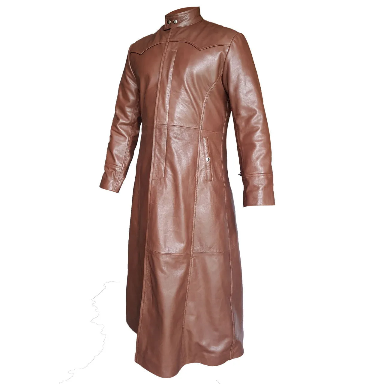 Mens Brown Leather Long Matrix Gothic Trench Coat (T3-BRW)