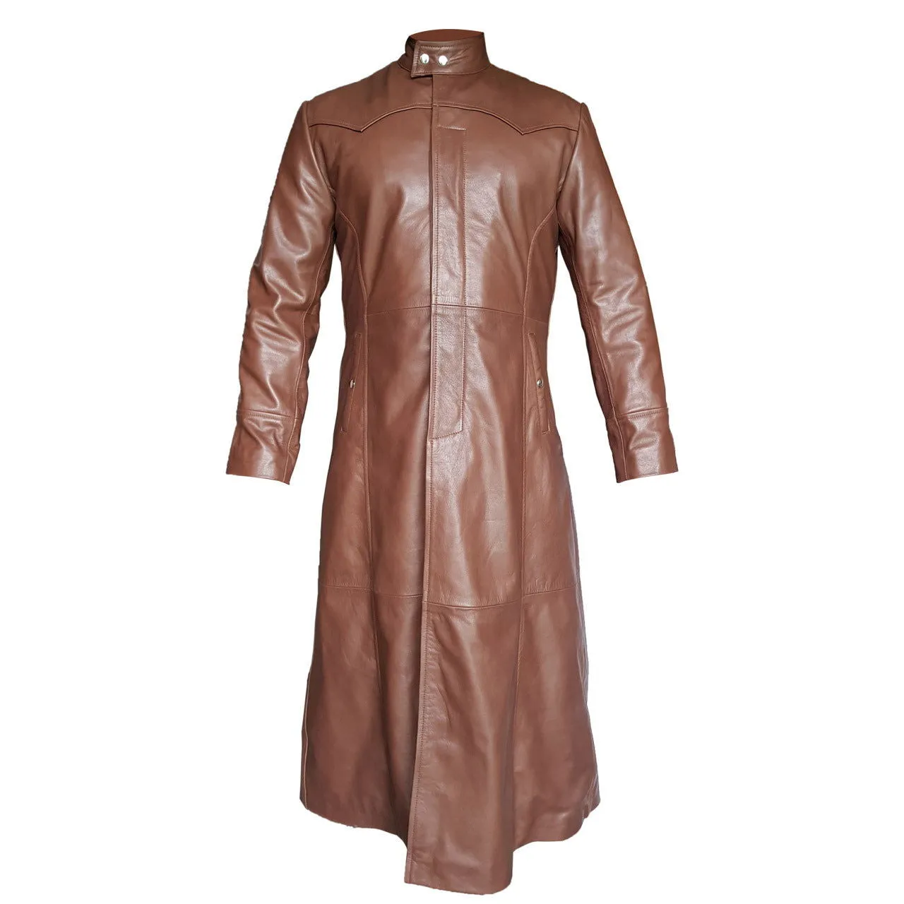 Mens Brown Leather Long Matrix Gothic Trench Coat (T3-BRW)