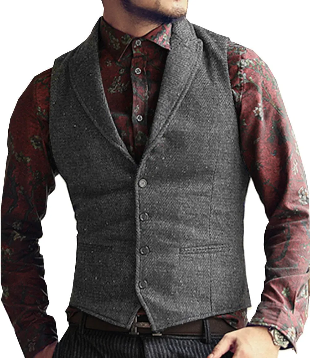 Men's Classic Peak Lapel Tweed Herringbone Waistcoat