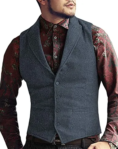 Men's Classic Peak Lapel Tweed Herringbone Waistcoat