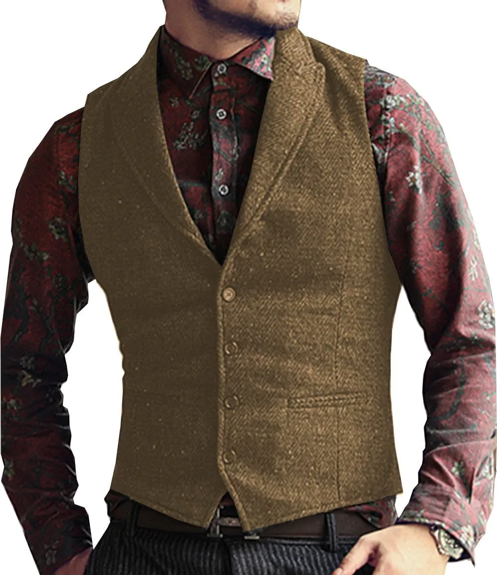 Men's Classic Peak Lapel Tweed Herringbone Waistcoat