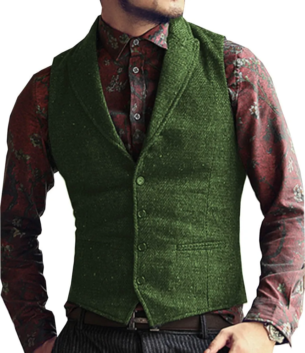 Men's Classic Peak Lapel Tweed Herringbone Waistcoat