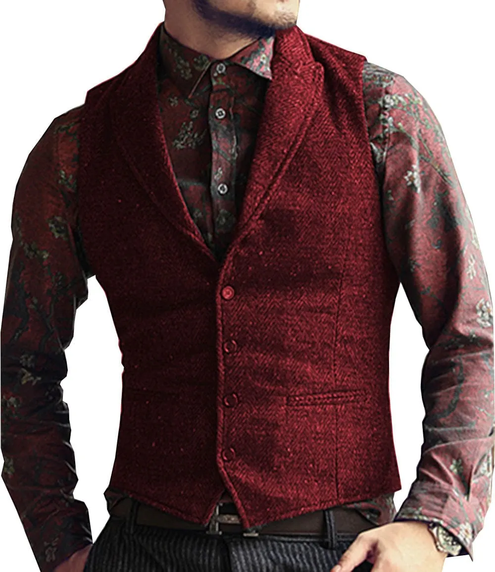 Men's Classic Peak Lapel Tweed Herringbone Waistcoat