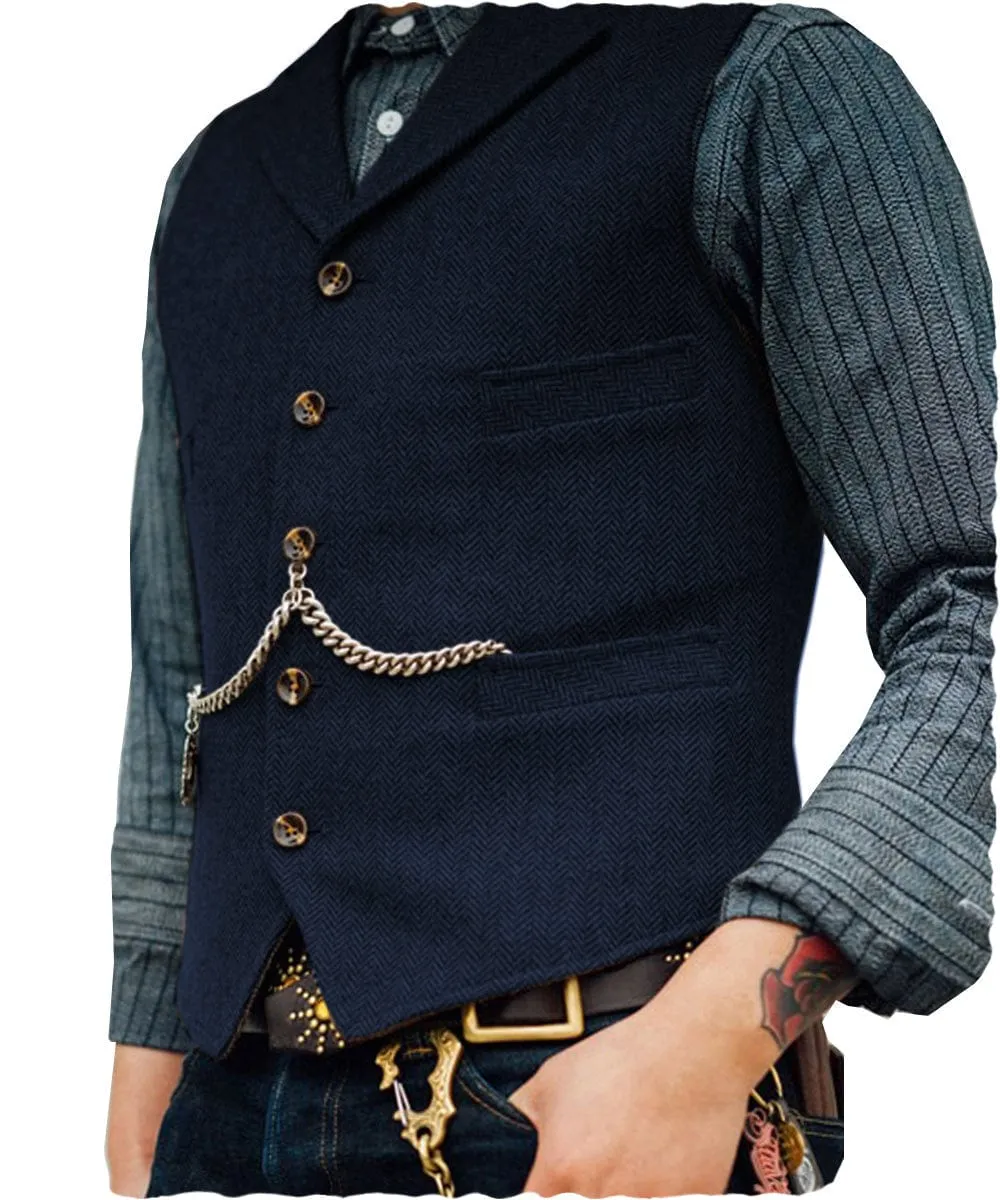 Men's Classic Tweed Herringbone  Vest Slim Fit Notch Lapel Waistcoat