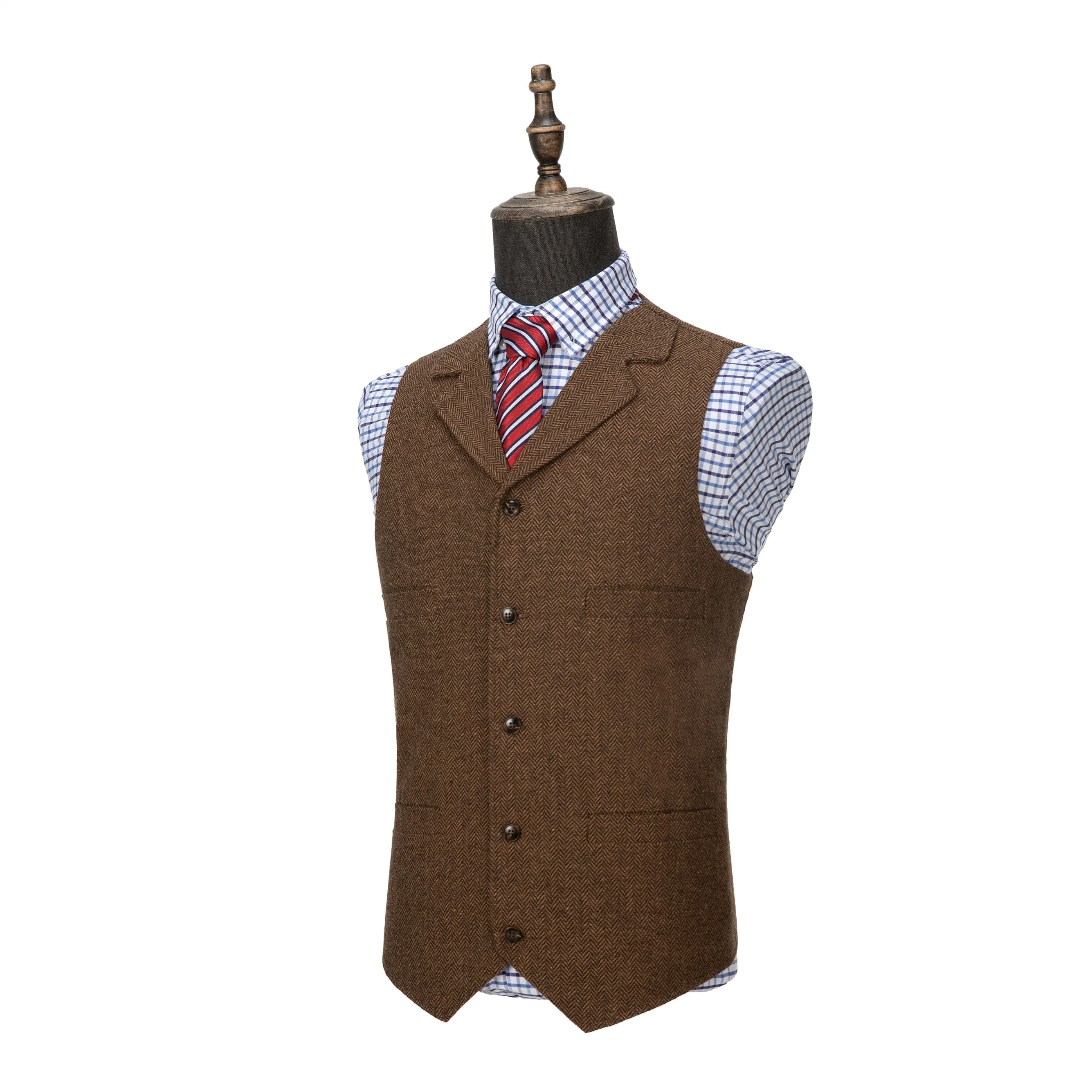 Men's Classic Tweed Herringbone  Vest Slim Fit Notch Lapel Waistcoat