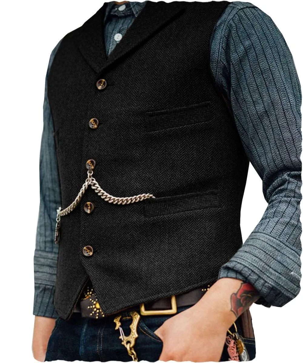 Men's Classic Tweed Herringbone  Vest Slim Fit Notch Lapel Waistcoat