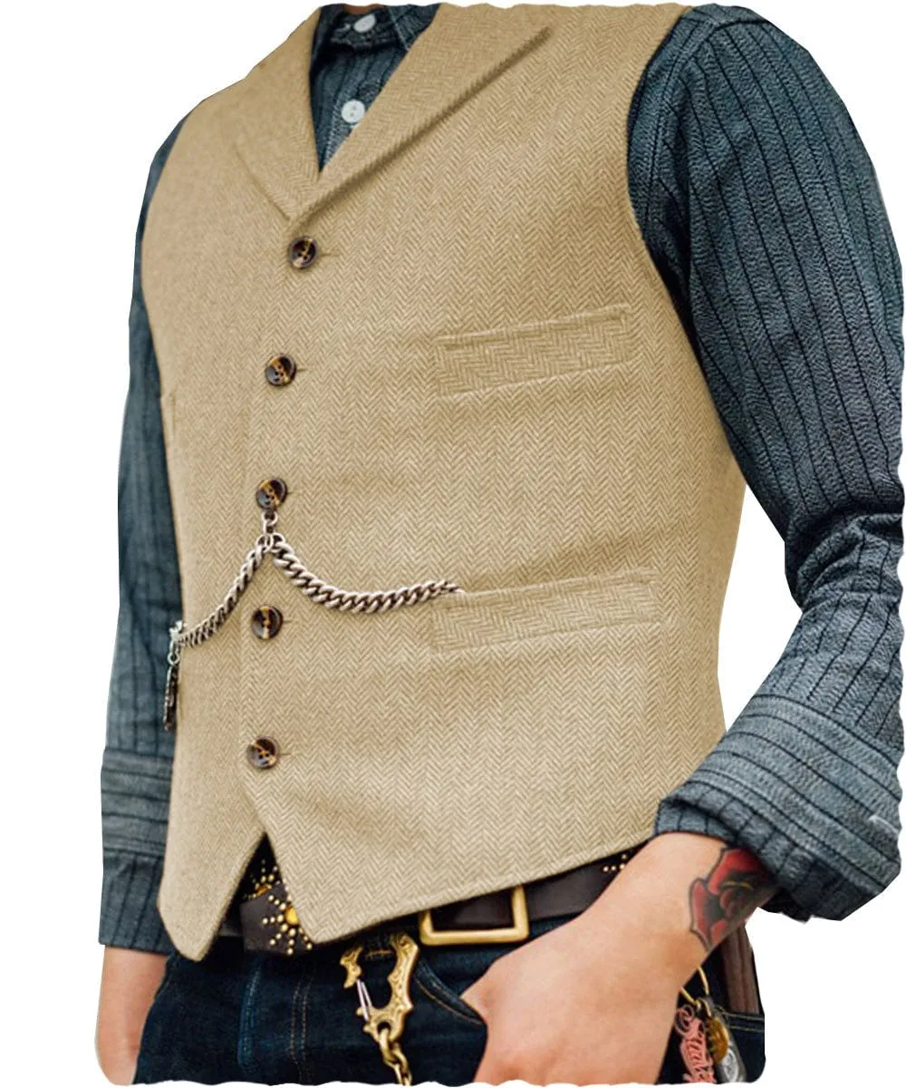 Men's Classic Tweed Herringbone  Vest Slim Fit Notch Lapel Waistcoat