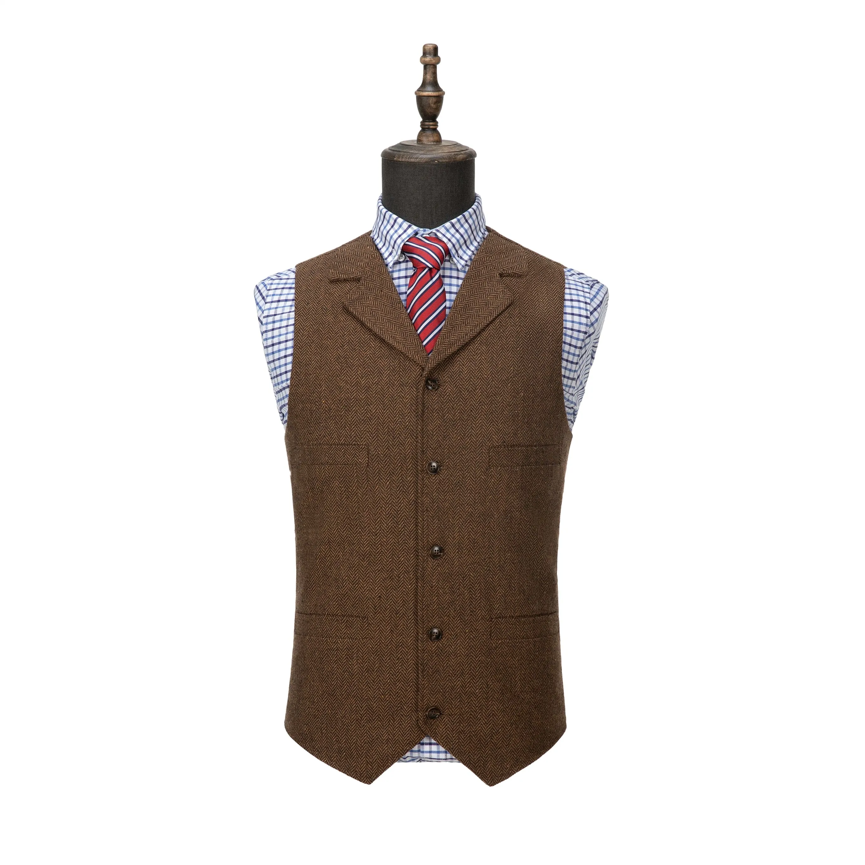 Men's Classic Tweed Herringbone  Vest Slim Fit Notch Lapel Waistcoat