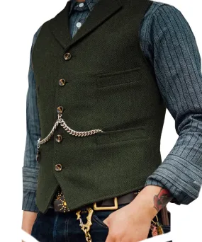 Men's Classic Tweed Herringbone  Vest Slim Fit Notch Lapel Waistcoat