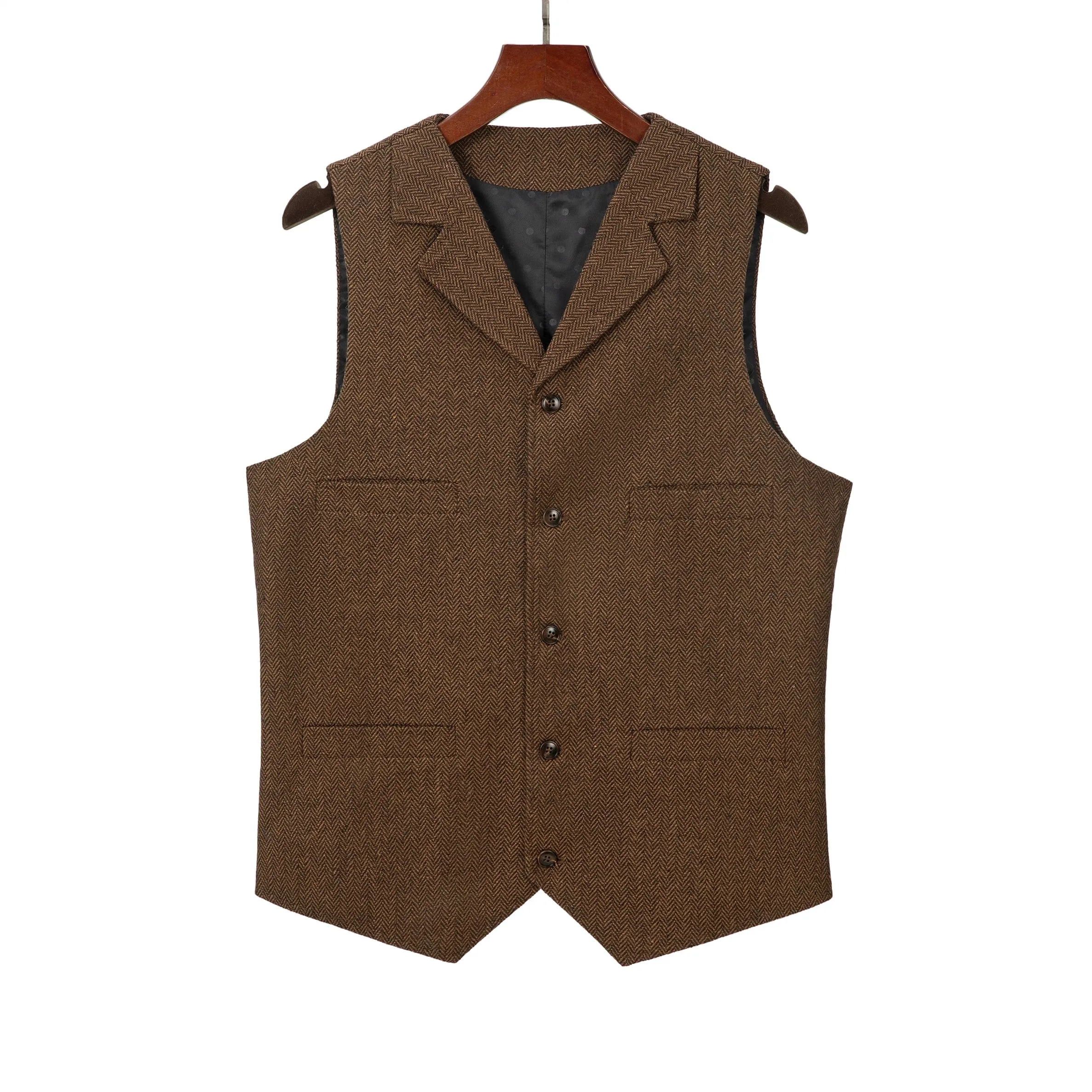 Men's Classic Tweed Herringbone  Vest Slim Fit Notch Lapel Waistcoat