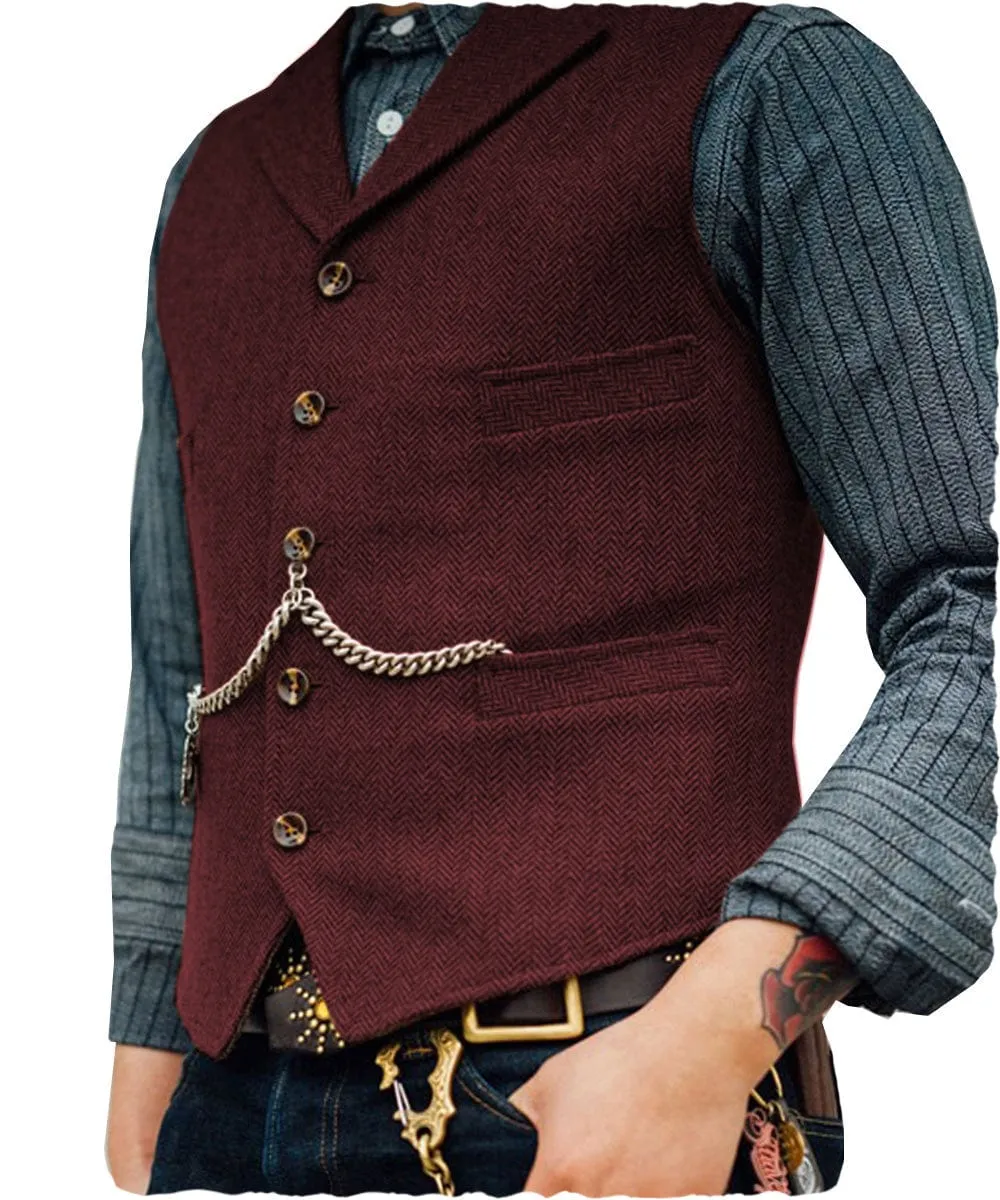 Men's Classic Tweed Herringbone  Vest Slim Fit Notch Lapel Waistcoat