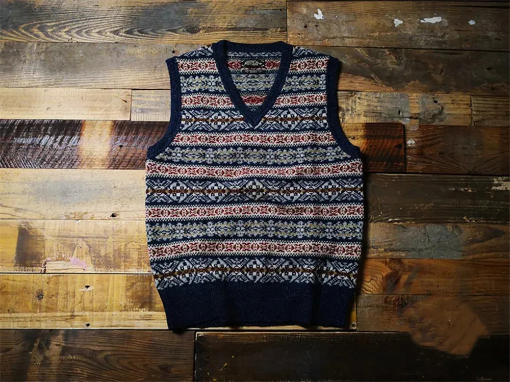 Men's Fair Isle Knitted Vest Retro Sleeveless V-neck Jumper