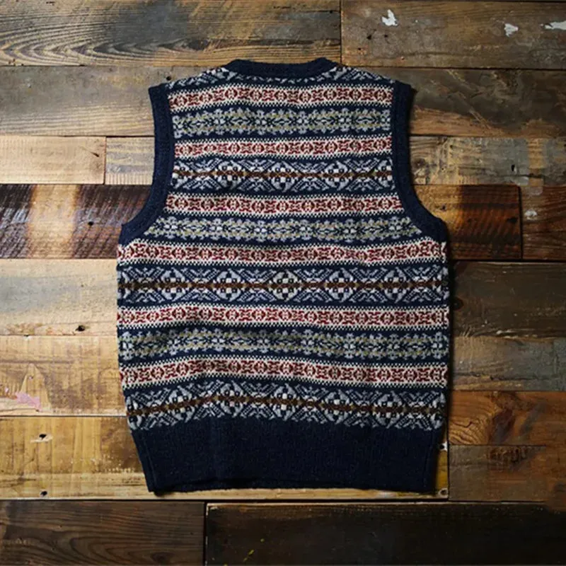 Men's Fair Isle Knitted Vest Retro Sleeveless V-neck Jumper