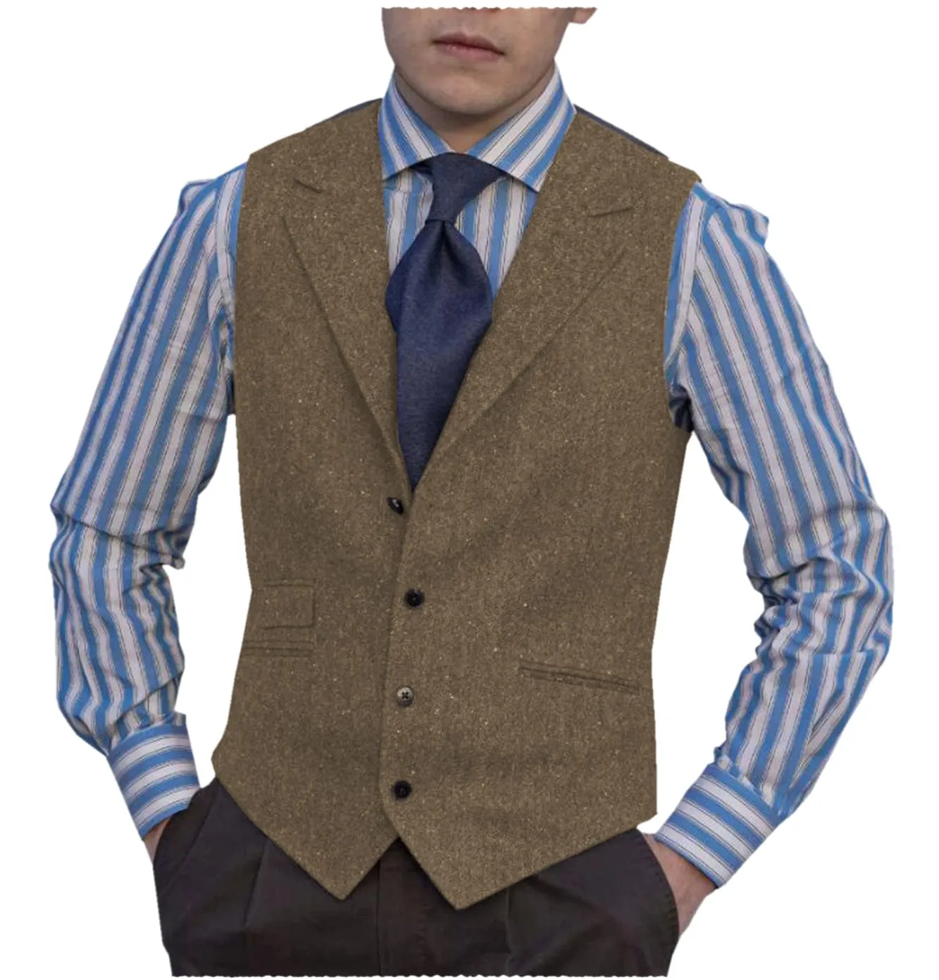 Men's Linen v Neck Classic Herringbone Tweed Notch Lapel Waistcoat