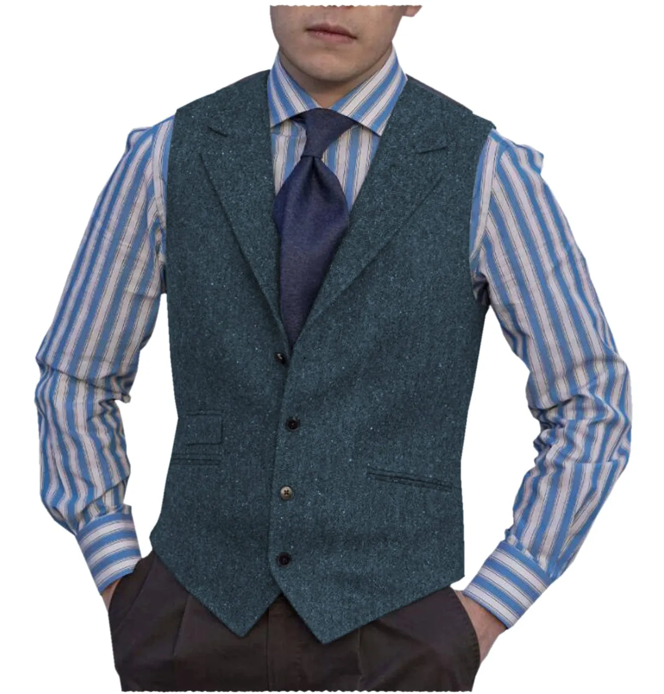 Men's Linen v Neck Classic Herringbone Tweed Notch Lapel Waistcoat