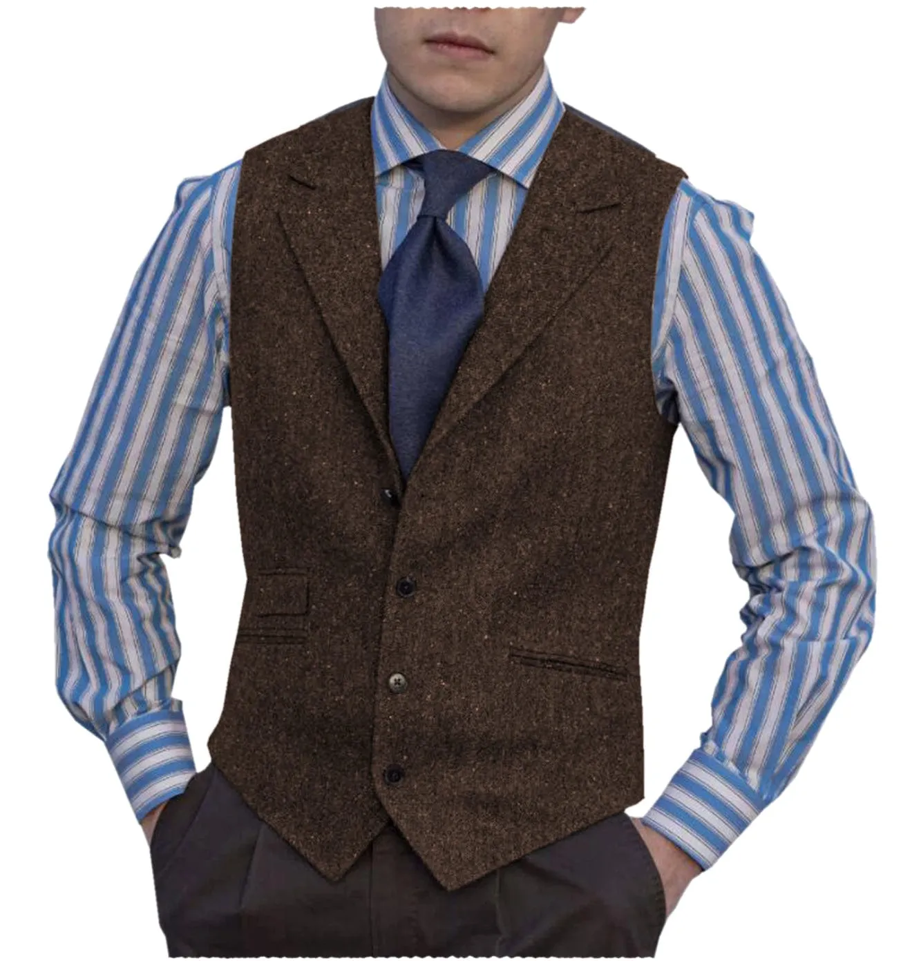 Men's Linen v Neck Classic Herringbone Tweed Notch Lapel Waistcoat