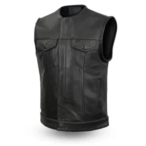 Mens Motorcycle Platinum Thick Leather Collarless Son Of Anarcy Gunpocket Vest