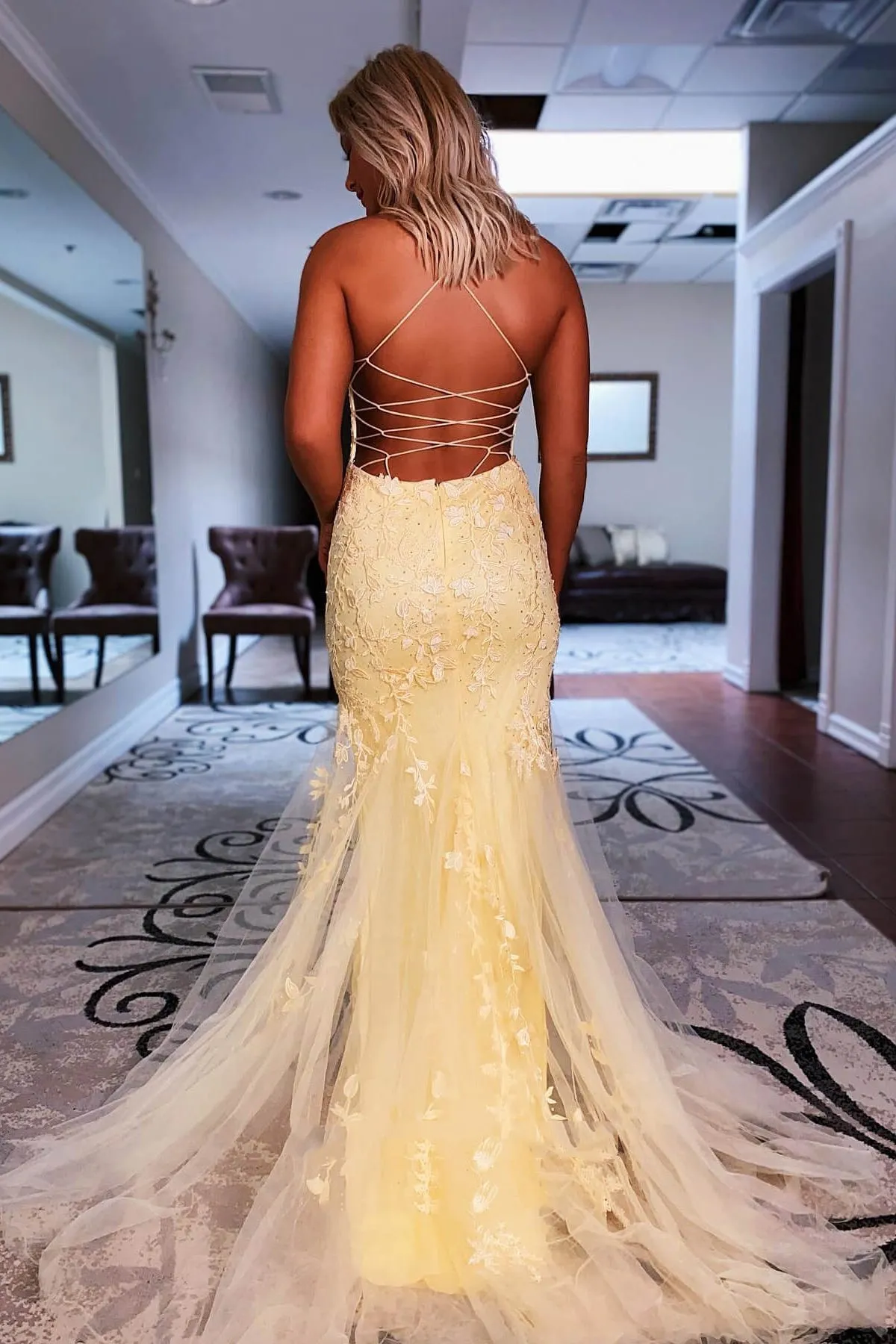 Mermaid Backless Beaded Yellow/Blue Lace Tulle Long Prom Dress, Yellow/Blue Lace Formal Graduation Evening Dress A1505