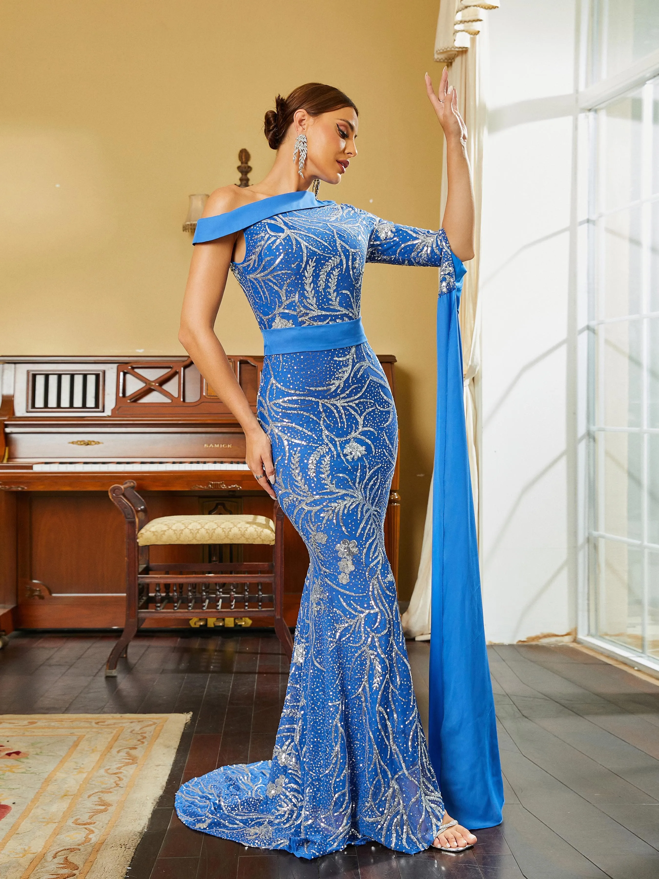 Mermaid Draped Sleeve Sequin Blue Evening Dress RM20331