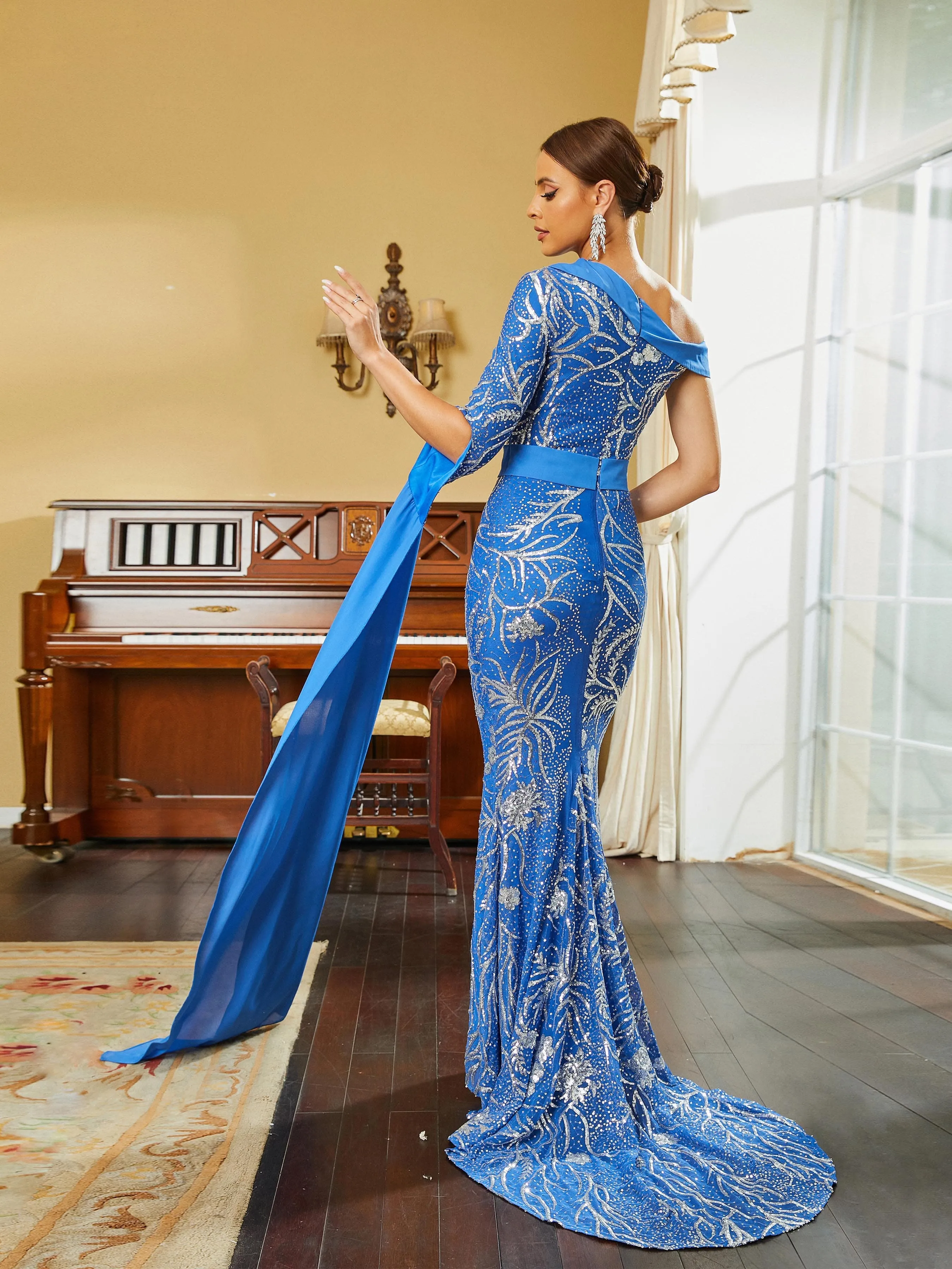 Mermaid Draped Sleeve Sequin Blue Evening Dress RM20331