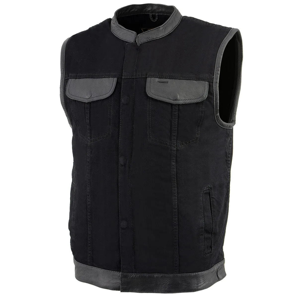 Milwaukee Leather MDM3010 Men's Black Denim Club Style Biker Vest with Leather Trim and Hidden Zipper