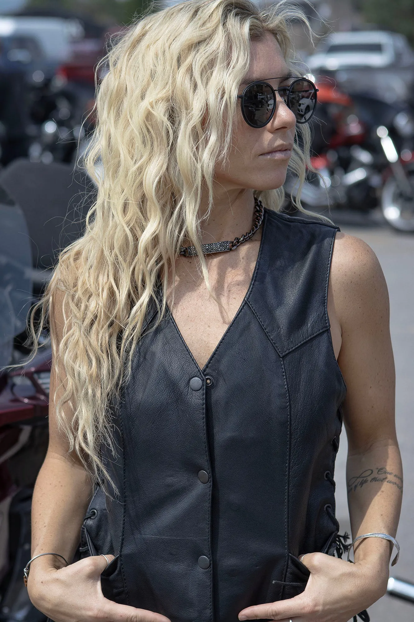 Milwaukee Leather SH1227L Women's Black Leather Side Laces Classic Western Motorcycle Rider Vest W/4-Snaps Closure