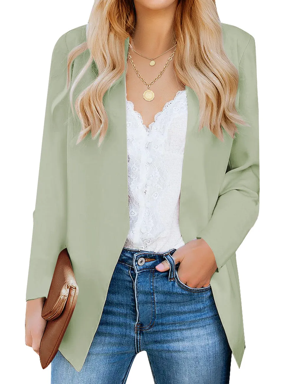 Mint Green Open-Front Side Pockets Blazer