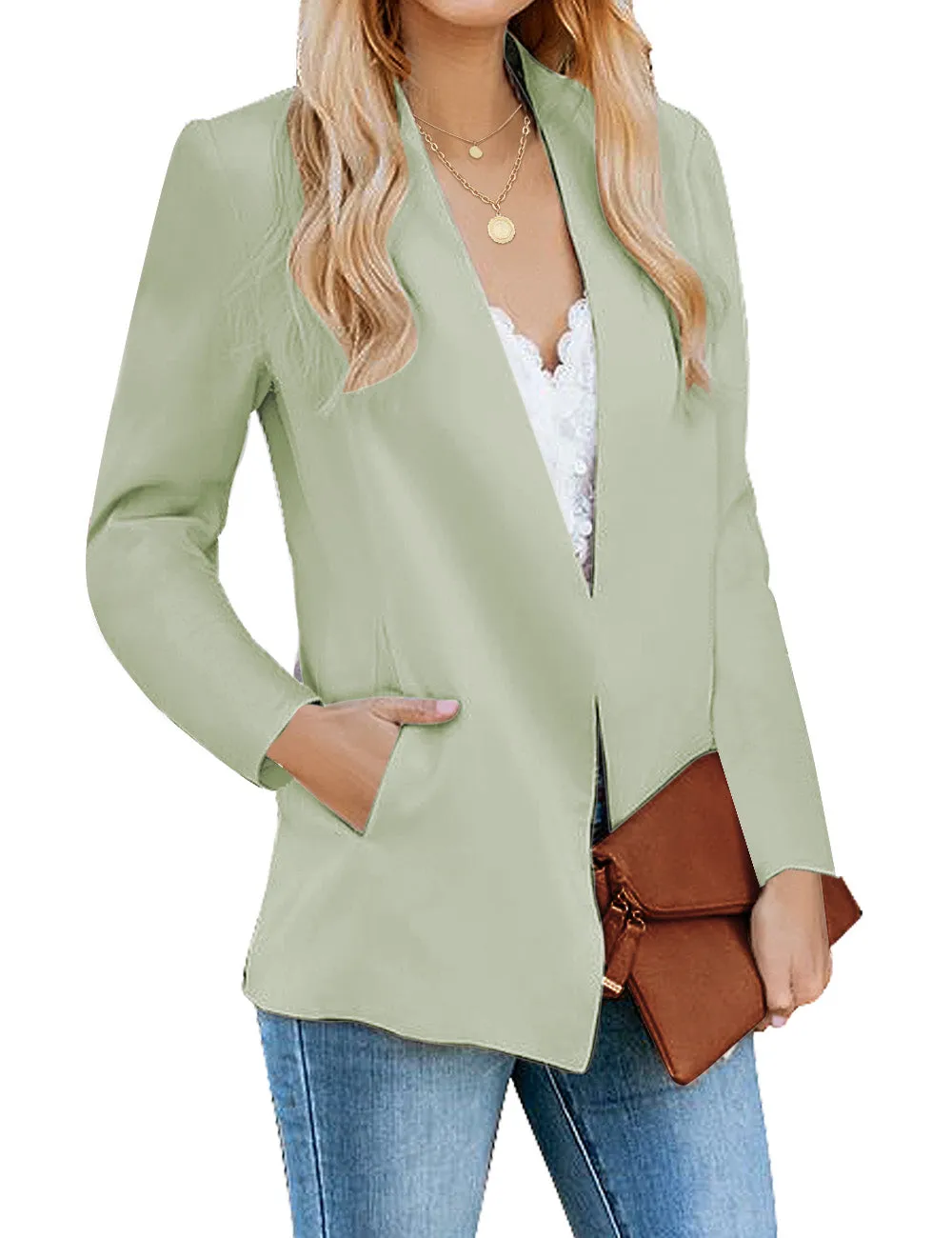 Mint Green Open-Front Side Pockets Blazer