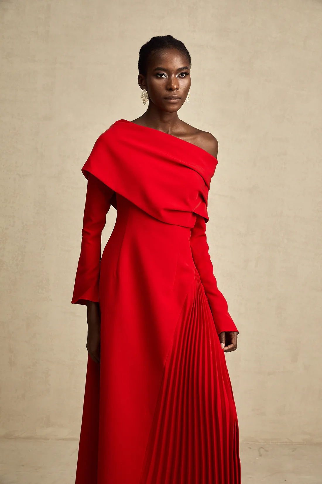 Mona Red High-Slit Pleated Maxi Dress