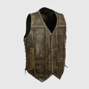 Motorbike Brown Distressed 10 Pockets Leather Vest For Sale